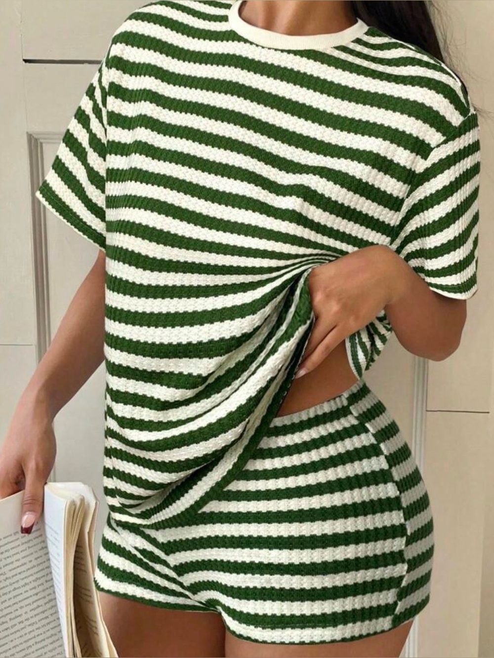 Striped Green & White Knit Shorts and Shirt